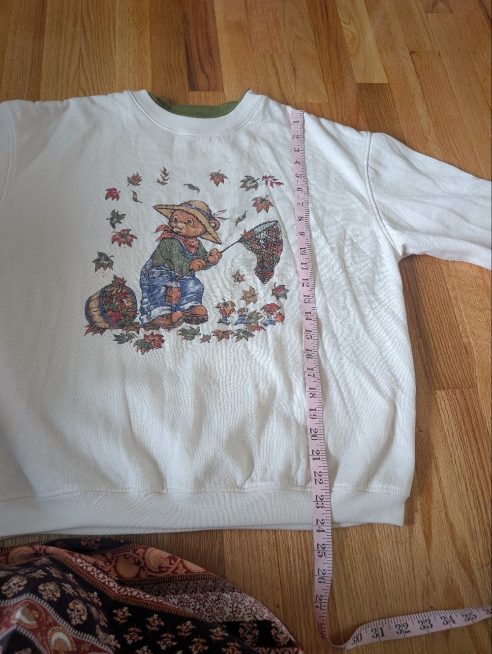 Vintage 90s Fall Autumn Leaves Bear Grandmacore Double Collar Sweatshirt Size L - Picture 5 of 6